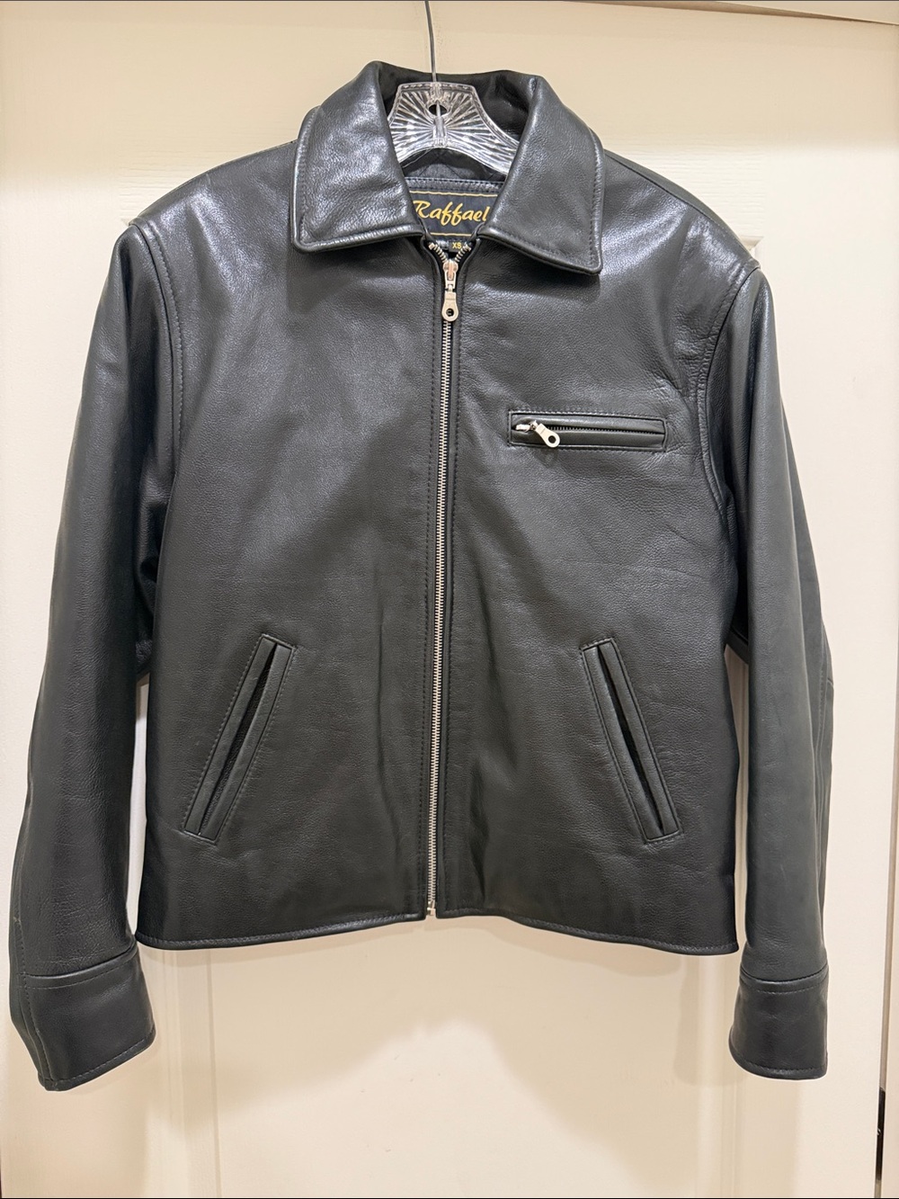 RAFAEL Black Leather Bomber Jacket with Zip Chest Pocket